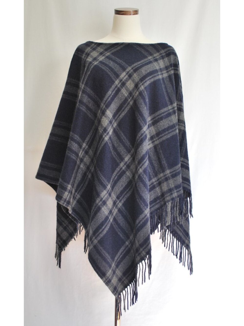 Lauren Ralph Lauren Poncho with Fringe | Navy Blue and Gray Plaid | One Size